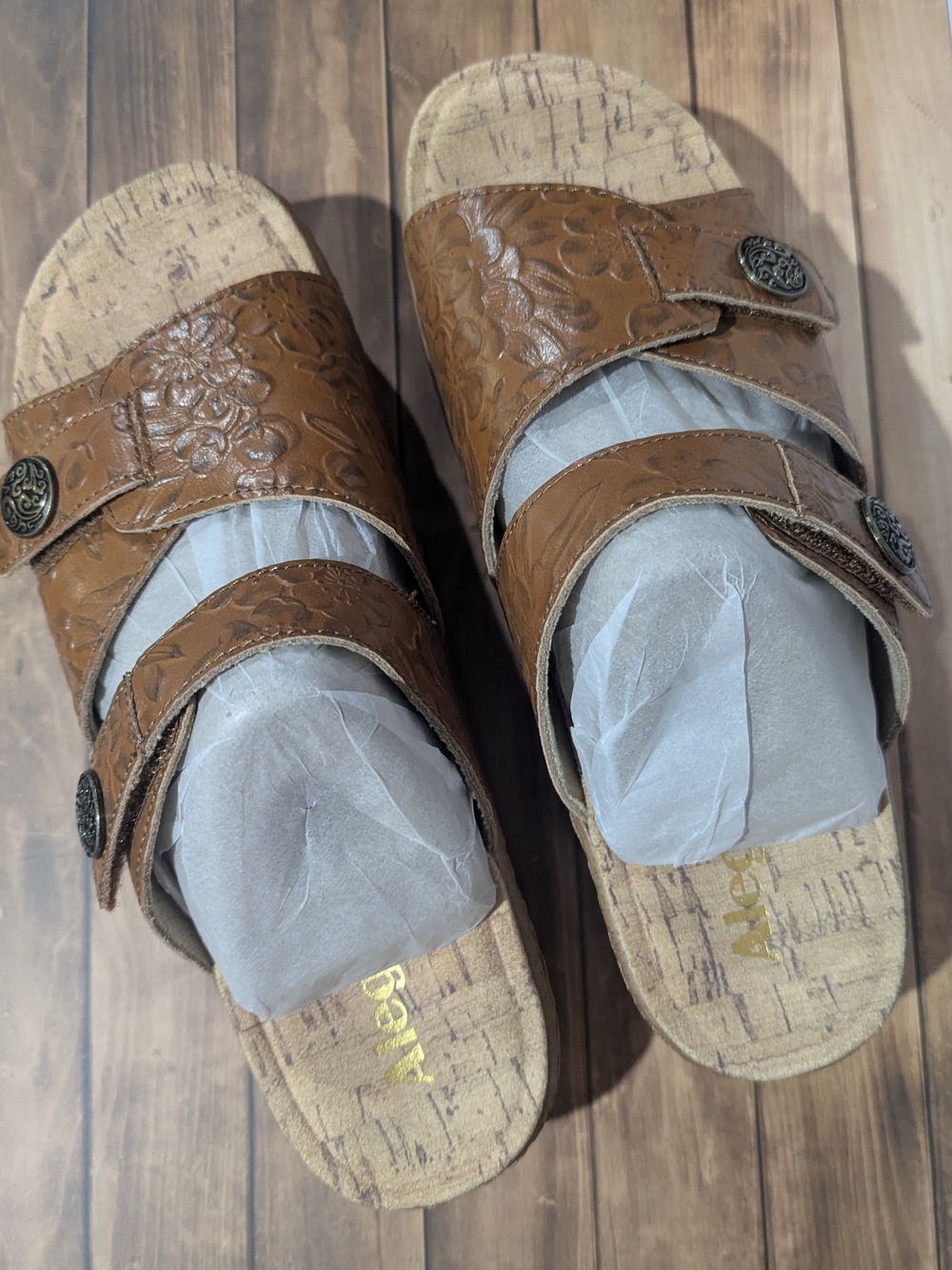 Alegria Leather Floral-Embossed Adjustable Slide Sandals - Krystal. EU37 (7-7.5)